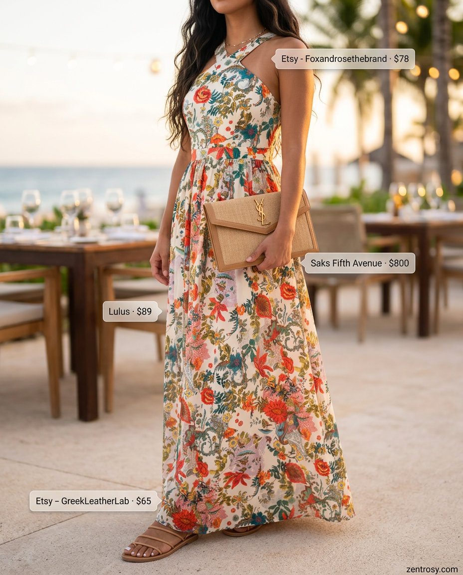 Summer Halter Neck Outfits 2026: Floral Maxi Dress Summer halter neck outfits for women 2026: Coral floral maxi dress for beachside dinners and vacation.