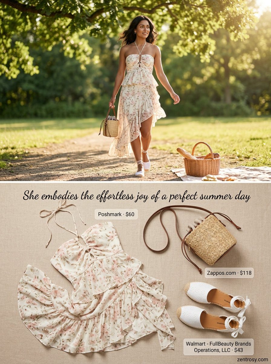 Summer Halter Neck Outfits 2026: Floral Mini Dress Summer halter neck outfits for women 2026: Floral mini dress, espadrilles, and straw bag for a day date.