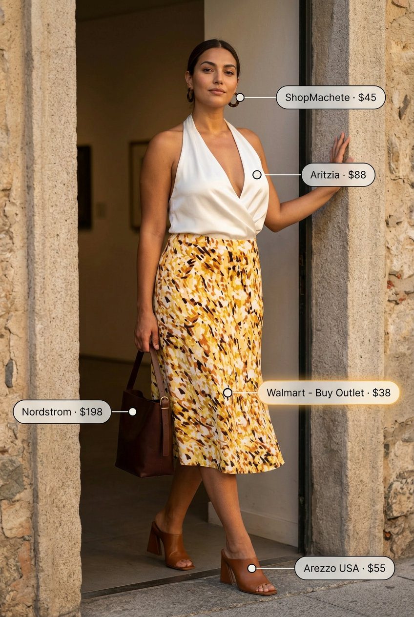 Modern Summer Halter Blouse 2026 Artistic summer halter neck outfits for women 2026: Mustard skirt, cream halter blouse, leather mules, shoulder bag.