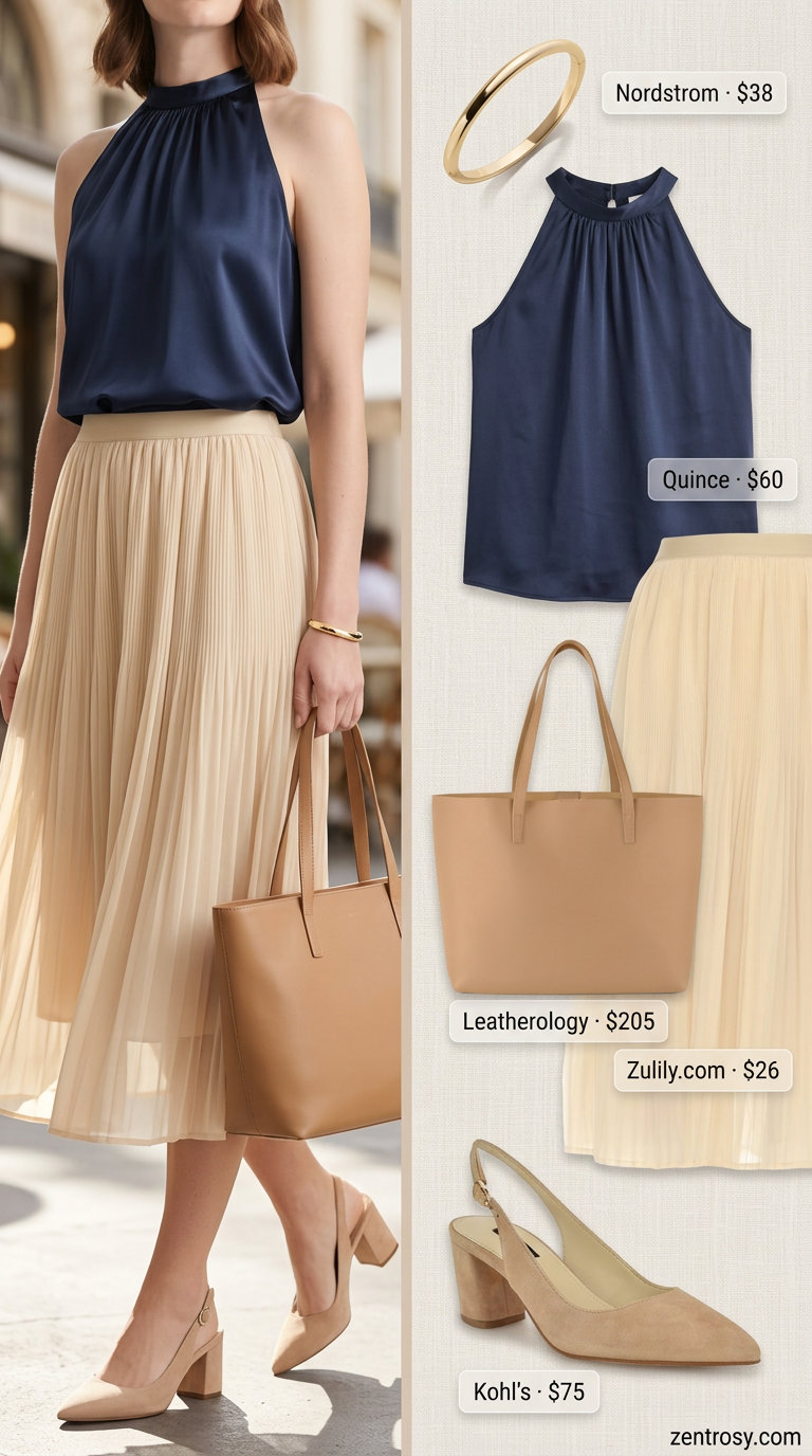 Sophisticated Halter Blouse & Skirt 2026 Navy halter blouse with beige pleated midi skirt for semi-formal events. 2026.