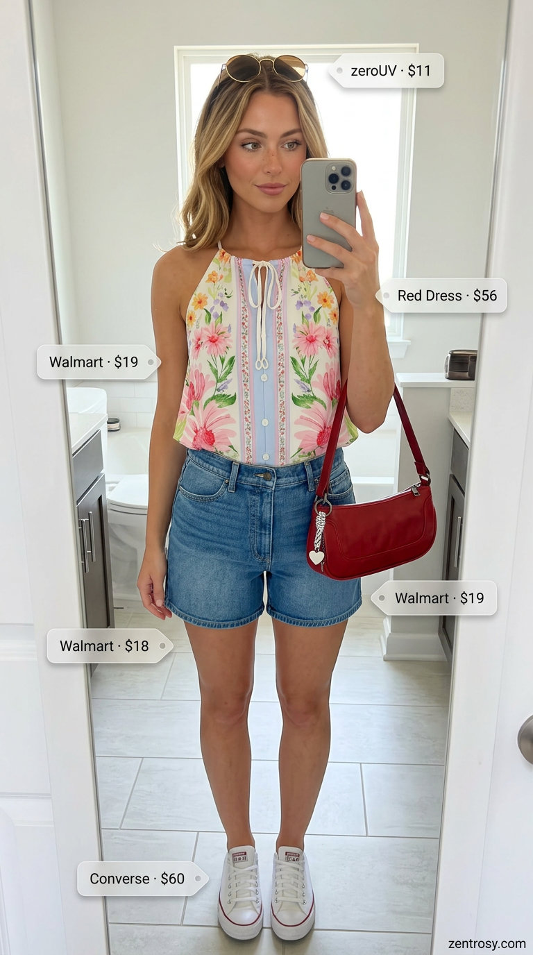 Summer Halter Neck Outfits 2026: Retro Crop Top & Shorts Summer halter neck outfits for women 2026: Retro floral crop top with denim shorts for festivals.