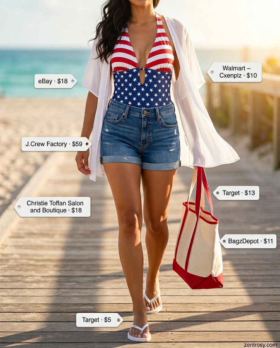 Retro Beach Halter Swimsuit 2026 Retro red, white, blue halter swimsuit with denim shorts for beach parties. 2026.