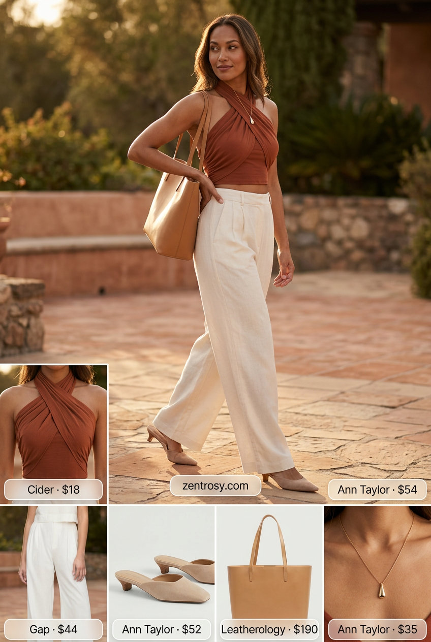 Sunset Glow Halter Top & Pants 2026 Terracotta halter crop top with cream wide-leg pants for summer evening dinners. 2026.