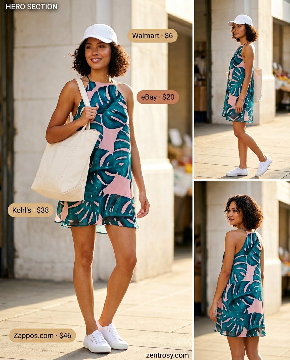 Tropical Getaway Halter Dress 2026 Green and pink tropical print halter mini dress for casual vacation days. 2026.