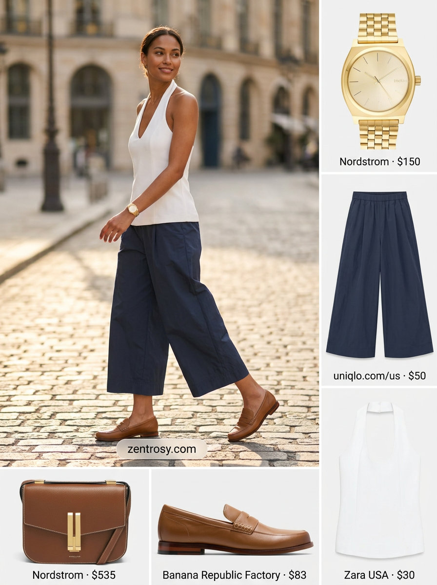 Summer Halter Neck Outfits 2026: White Halter Top & Culottes Summer halter neck outfits for women 2026: White halter crop top with navy culottes for city exploration.