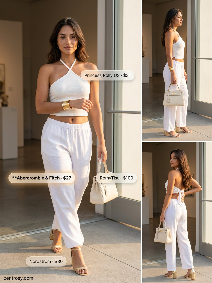 Summer Halter Neck Outfits 2026: White Knit Top & Pants Summer halter neck outfits for women 2026: Chic white knit top with wide-leg pants for evening drinks.