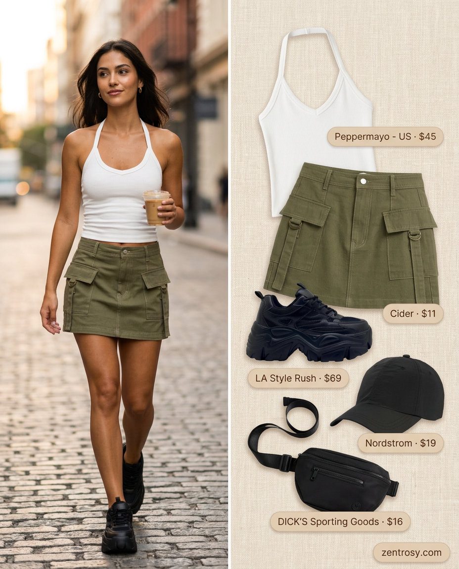 Sporty Summer Halter & Cargo 2026 Trendy summer halter neck outfits for women 2026: White halter top, khaki cargo skirt, platform sneakers, belt bag.
