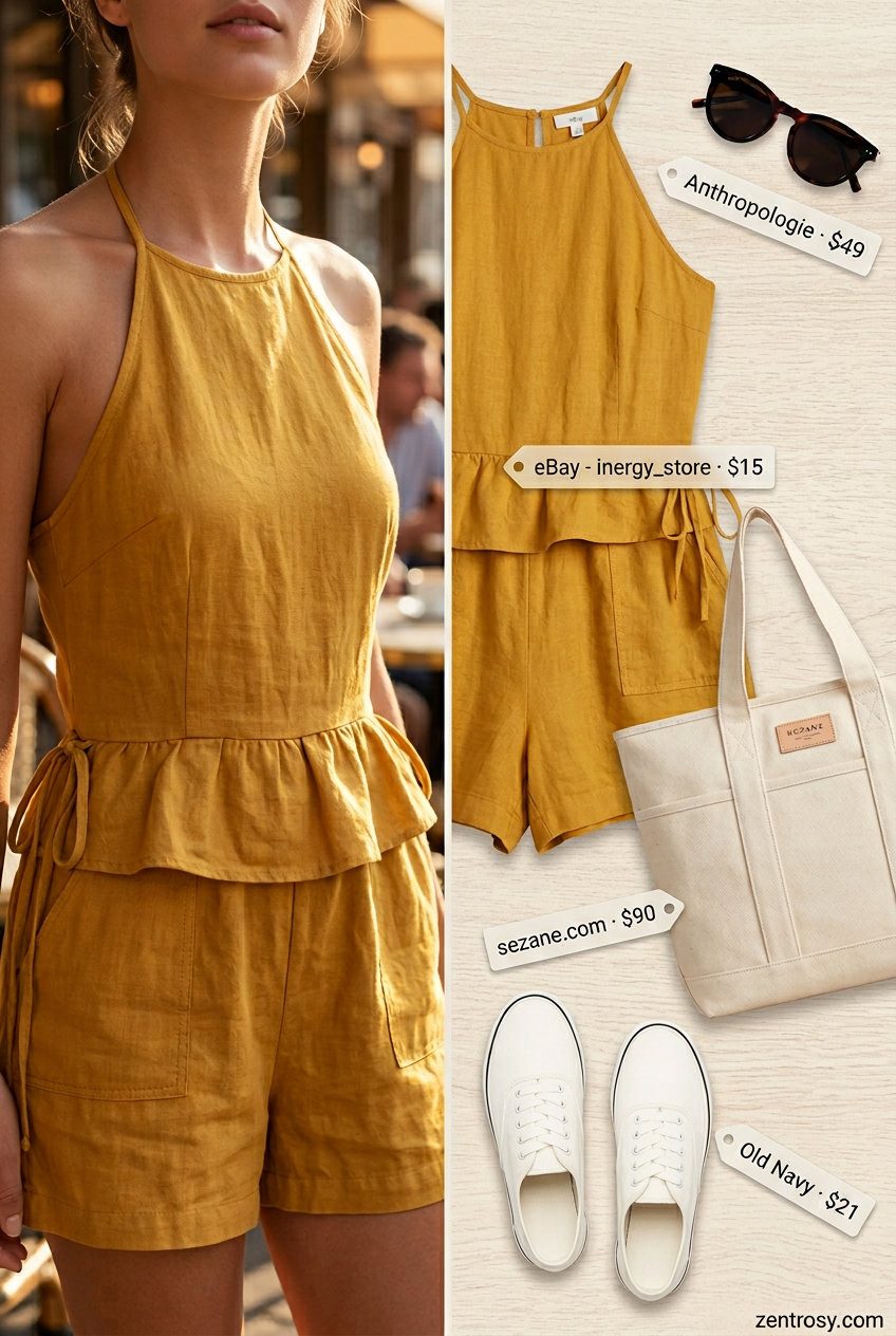 Summer Halter Neck Outfits 2026: Casual Yellow Romper Summer halter neck outfits for women 2026: Casual mustard yellow romper for weekend outings.