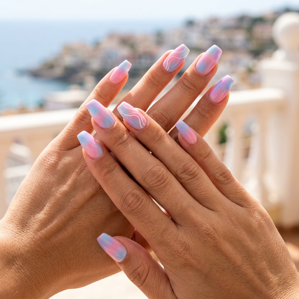 Pastel Aura Swirl Nails | Summer Holiday Nails 2026 Abstract aura pastel swirls nails for summer holiday nails 2026, perfect for festivals and summer parties.