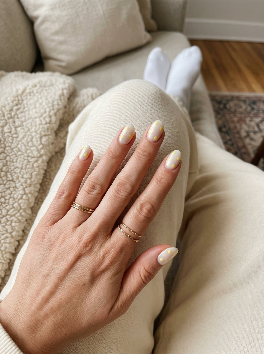 Butter Yellow Dainty Dots | Summer Holiday Nails 2026 Butter yellow dainty dots oval nails for summer holiday nails 2026. Playful casual style.