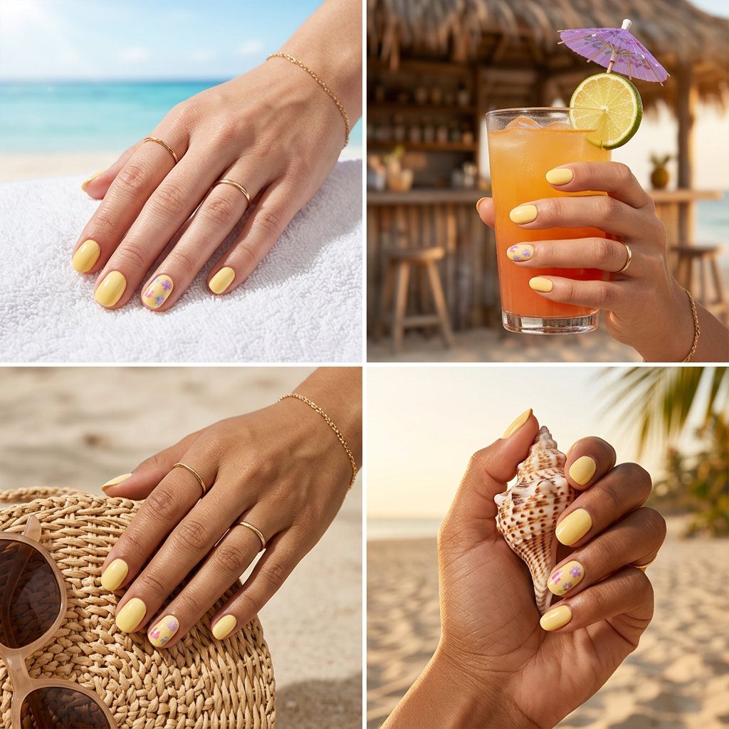 Butter Yellow Decal Garden | Summer Holiday Nails 2026 Butter yellow decal garden nails for summer holiday nails 2026. Whimsical everyday style.