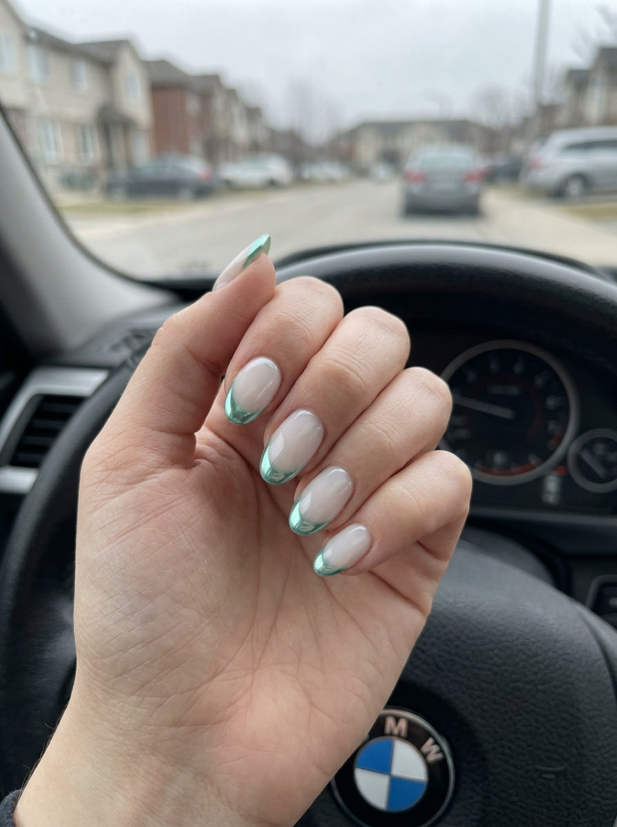 Chrome Seafoam Micro French | Summer Holiday Nails 2026 Chrome seafoam micro French nails for summer holiday nails 2026, perfect for date nights and casual chic.