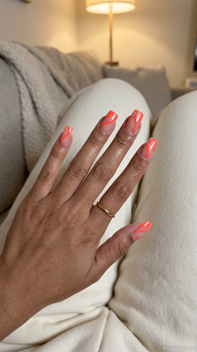 Coral Lines Abstract Nails | Summer Holiday Nails 2026 Energetic coral lines abstract nails for summer holiday nails 2026. Bold festival style.