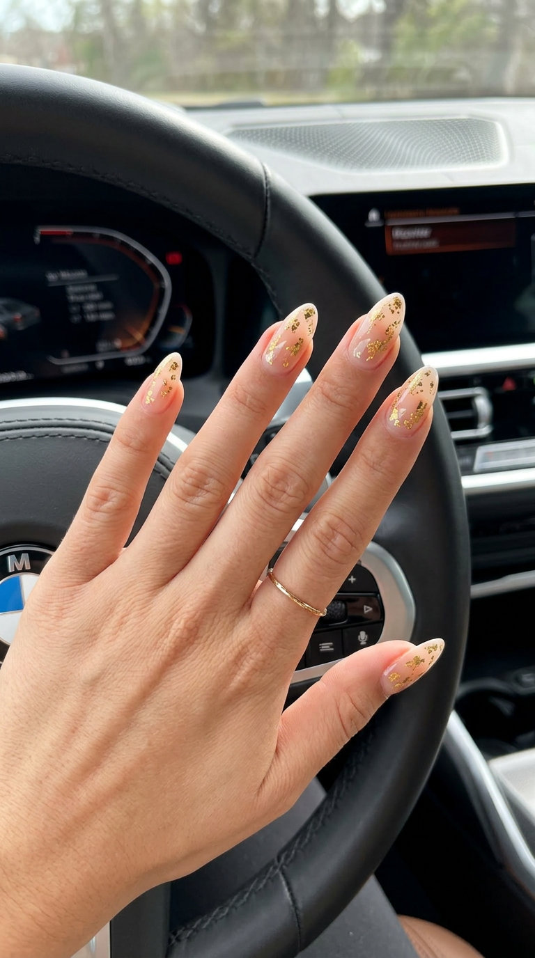 Gold Foil Flakes Nails | Summer Holiday Nails 2026 Gold foil flakes elegance nails for summer holiday nails 2026, perfect for wedding guests and special occasions.
