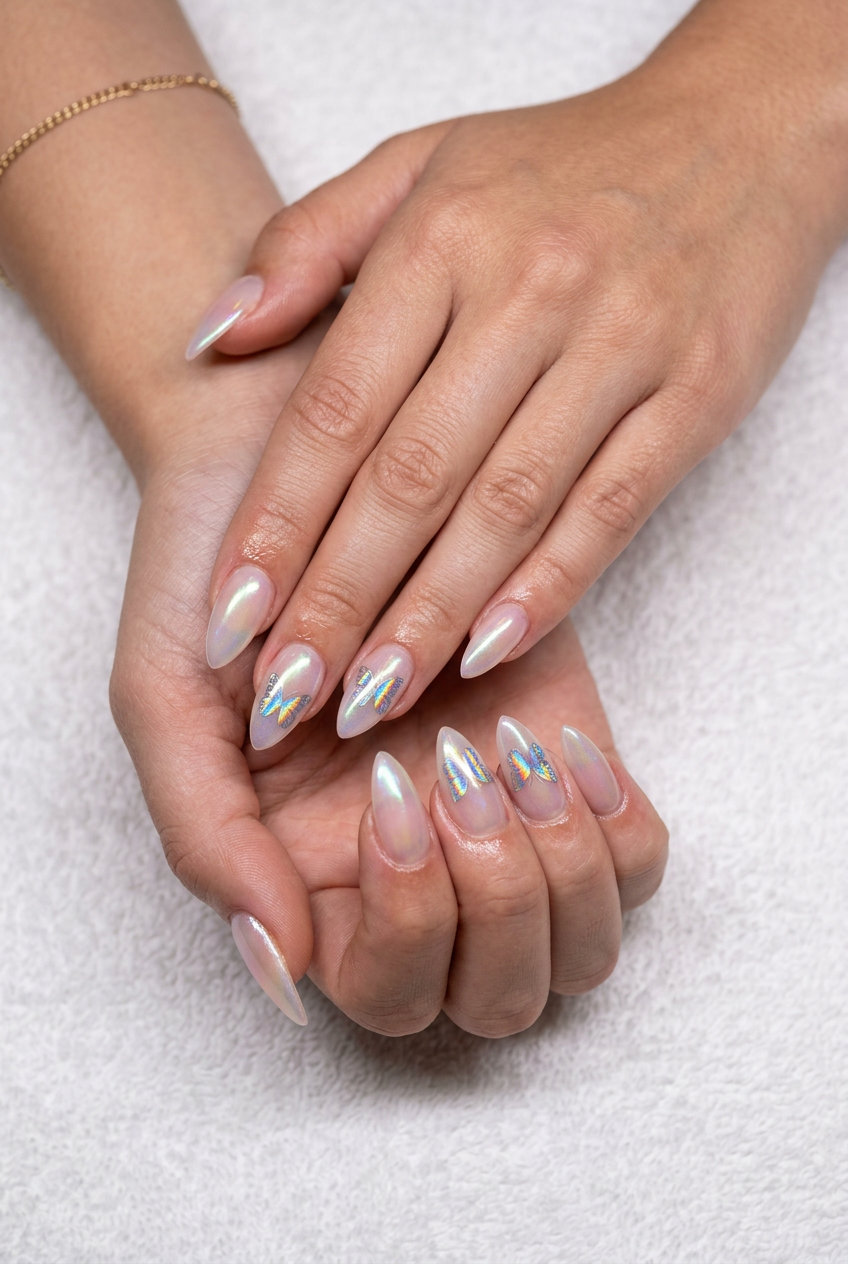 Holographic Butterfly Nails | Summer Holiday Nails 2026 Holographic butterfly decal nails for summer holiday nails 2026, perfect for festivals and summer parties.