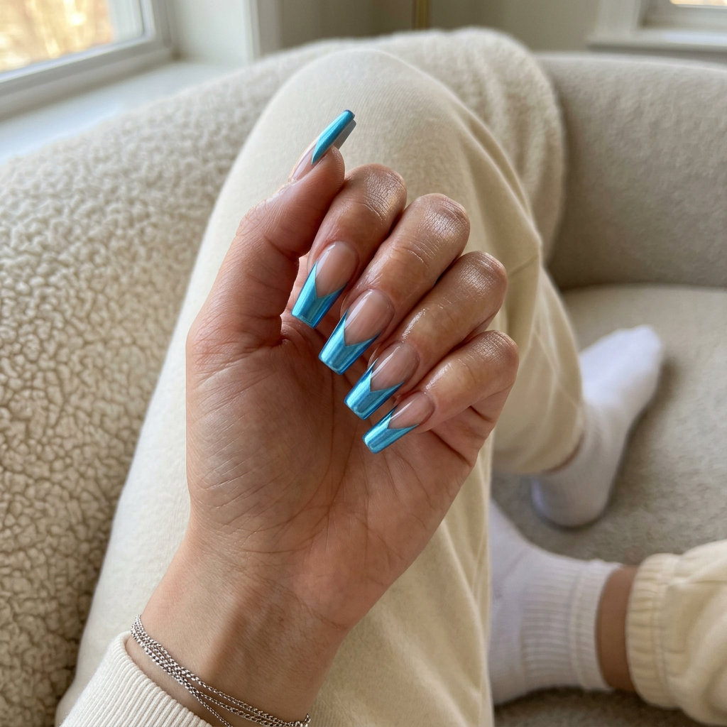 Icy Blue Negative Space French | Summer Holiday Nails 2026 Icy blue negative space French nails for summer holiday nails 2026. Modern chic style.