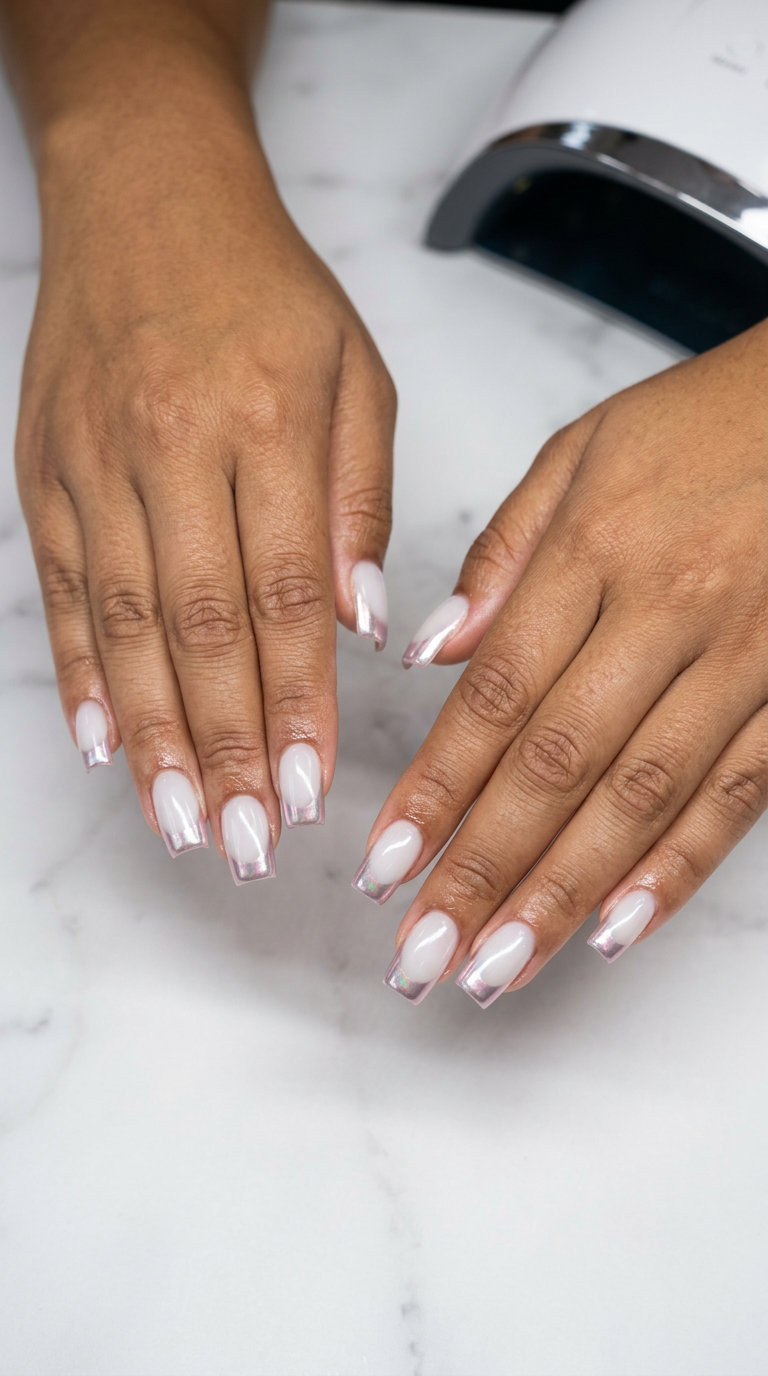 Lunar Chrome French Nails 2026: Chic Date Night Style Lunar Chrome French nails for summer holiday nails 2026: sheer milky white with iridescent silver-pink chrome tips.