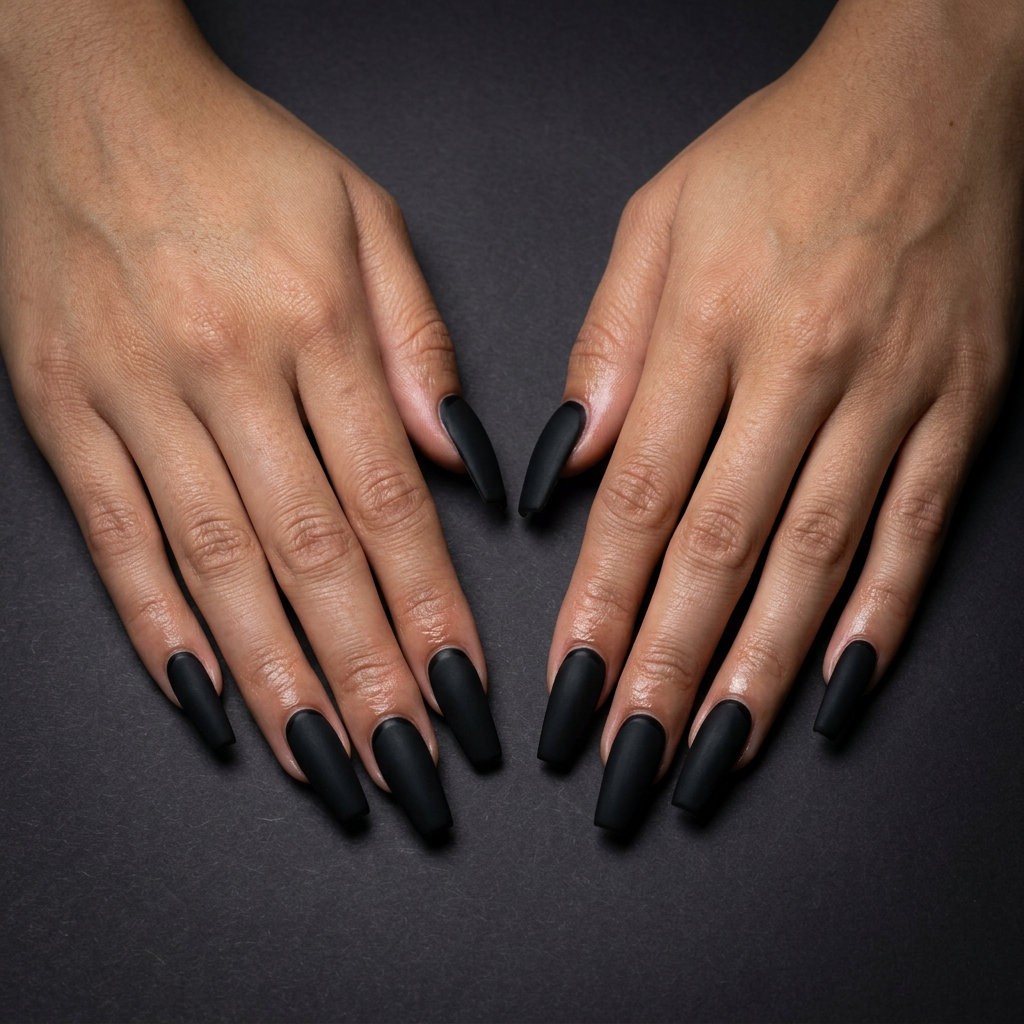 Matte Black Reverse French | Summer Holiday Nails 2026 Matte black reverse French nails for summer holiday nails 2026. Edgy party look.