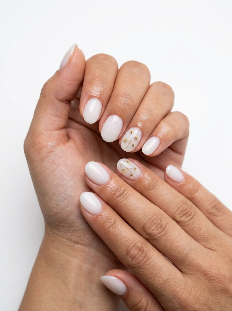 Milky Floral Nails | Summer Holiday Nails 2026 Milky white floral nails for summer holiday nails 2026. Romantic wedding guest style.