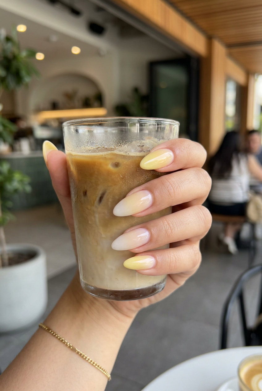 Milky Ombre Nails 2026: Romantic Summer Brunch Style Sunbeam Milky Ombre nails for summer holiday nails 2026: romantic butter yellow gradient into sheer milky white.