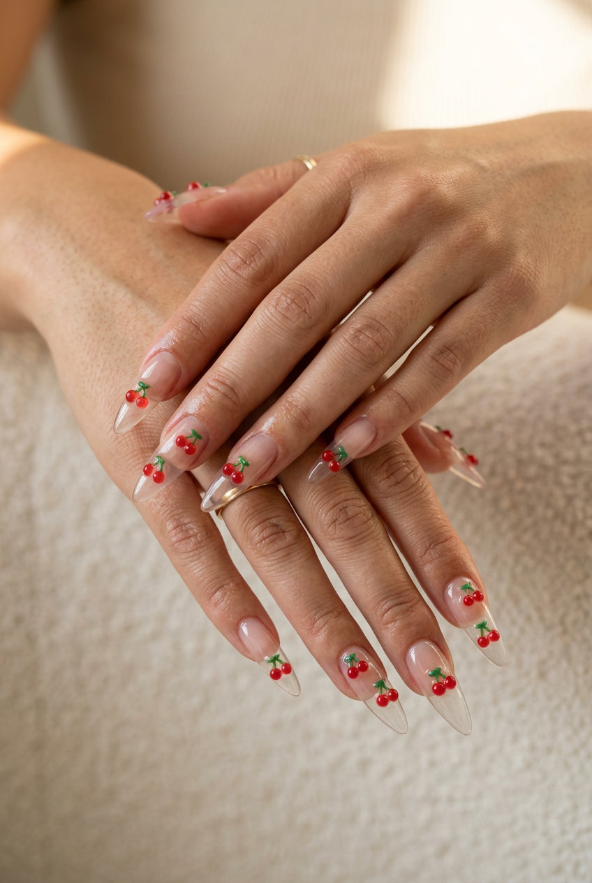 Cherry Charm Stilettos 2026: Edgy Festival Style Transparent Cherry Charm Stiletto nails for summer holiday nails 2026: playful, edgy, with vibrant red charms.