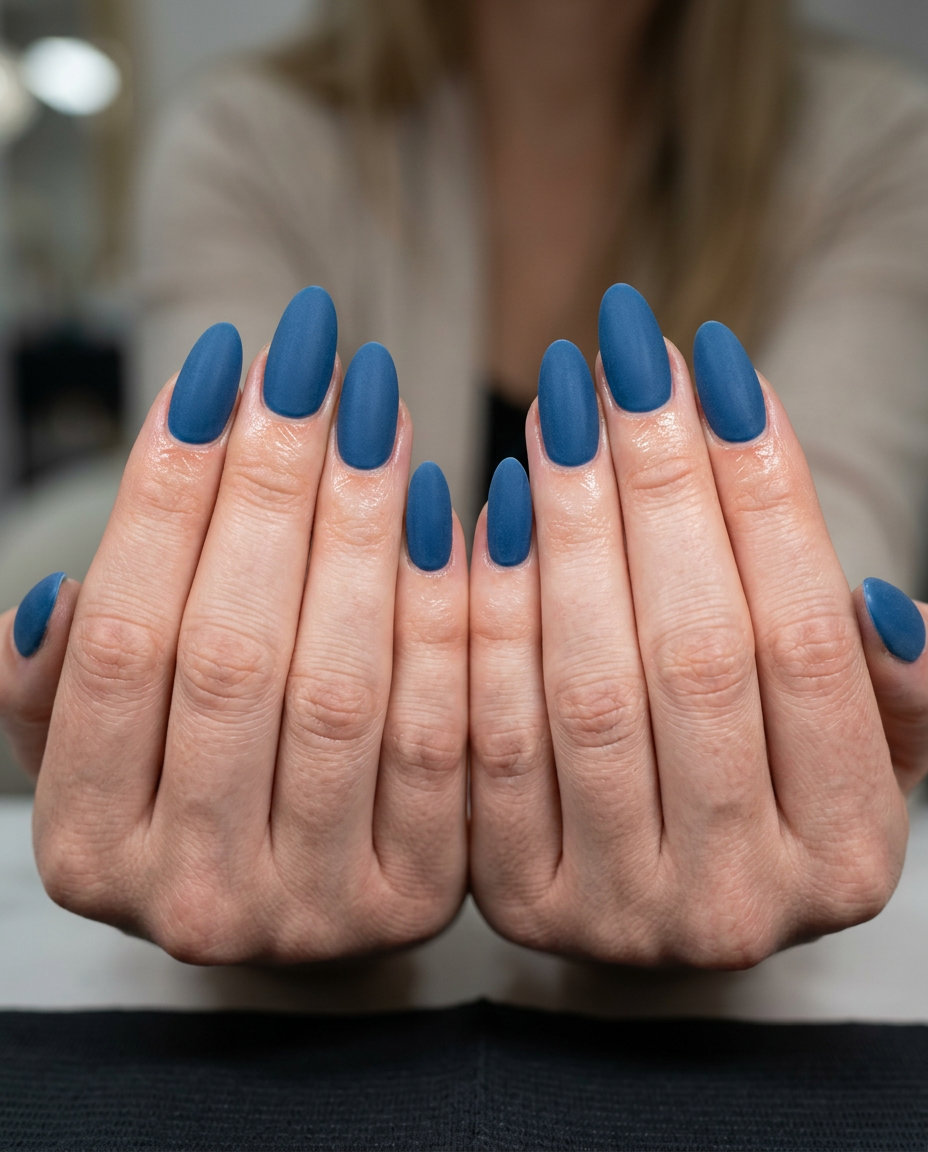 Velvet Blue Stiletto Nails | Summer Holiday Nails 2026 Chic velvet matte icy blue stiletto nails for summer holiday nails 2026. Sophisticated evening event style.
