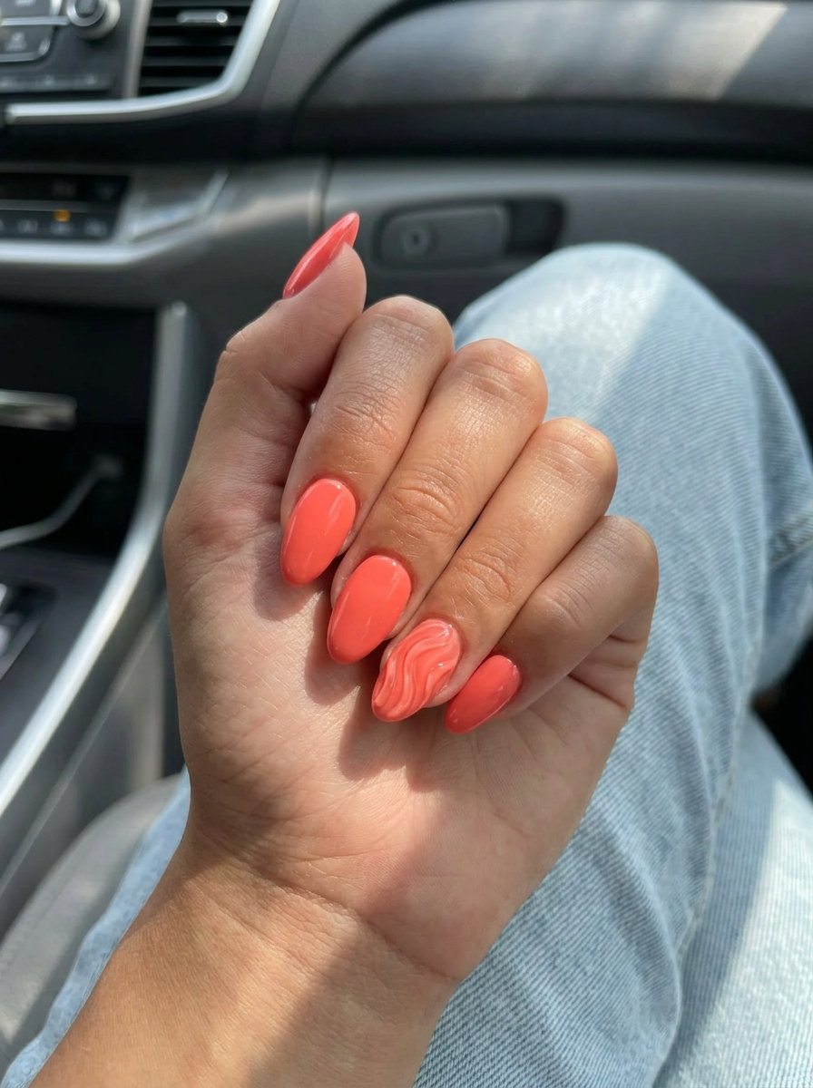Textured Coral Wave Nails 2026: Bold Beach Holiday Style Vivid Coral Textured Wave nails for summer holiday nails 2026: bold beach holiday style with a unique gel texture.