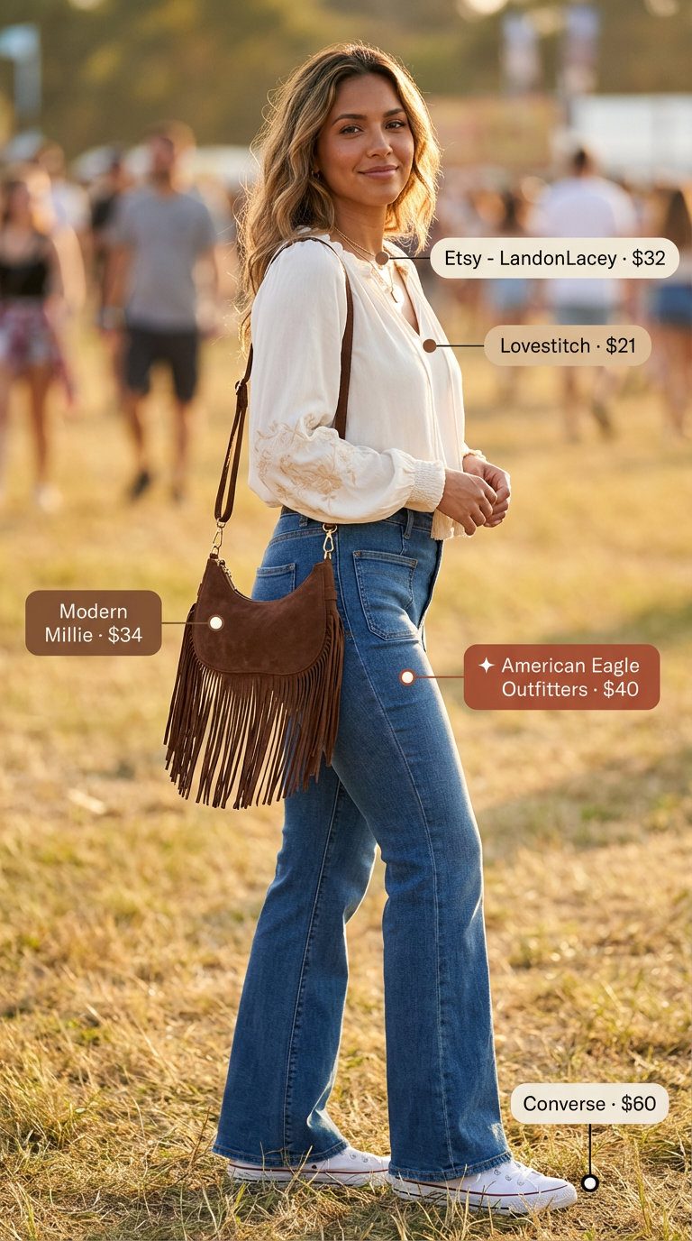 Boho Festival Summer Jeans & Sneakers Looks 2026 Boho festival summer jeans and sneakers outfit for women 2026 with mid-wash flared jeans, an embroidered peasant blouse, white canvas sneakers, and a fringed suede bag for a free-spirited vibe.
