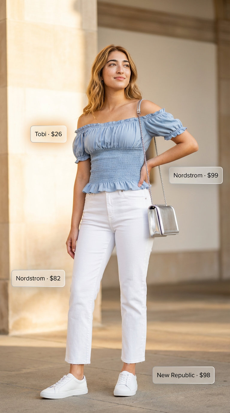 Brunch & Beyond Summer Jeans & Sneakers 2026 Feminine brunch summer jeans and sneakers outfit for women 2026 with white cropped straight-leg jeans, a pastel blue off-the-shoulder top, sleek white fashion sneakers, and a metallic silver mini bag for a polished casual look.