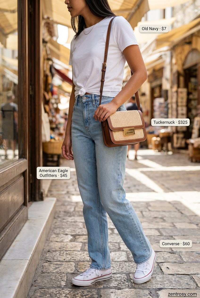 Sunshine Brunch Summer Jeans & Sneakers 2026 Fresh and casual brunch summer jeans and sneakers outfit for women 2026 showcasing light wash high-waisted jeans, a classic white t-shirt, white canvas sneakers, and a straw crossbody for a relaxed day out.