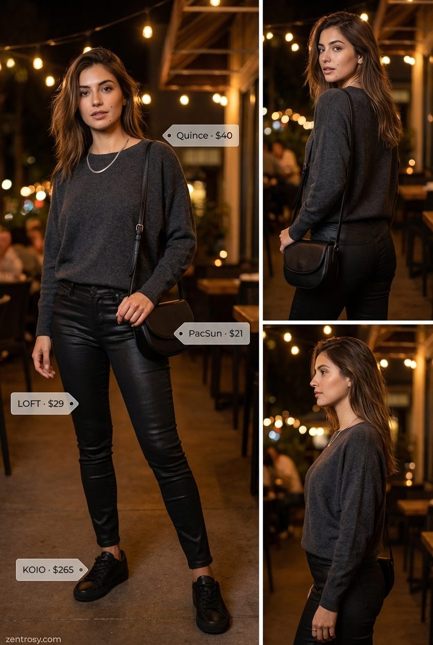 Effortless Chic Evening Summer Jeans & Sneakers 2026 Sophisticated evening summer jeans and sneakers outfit for women 2026 featuring black coated skinny jeans, a charcoal grey knit sweater, black leather sneakers, and a silver necklace for an edgy, comfortable style.
