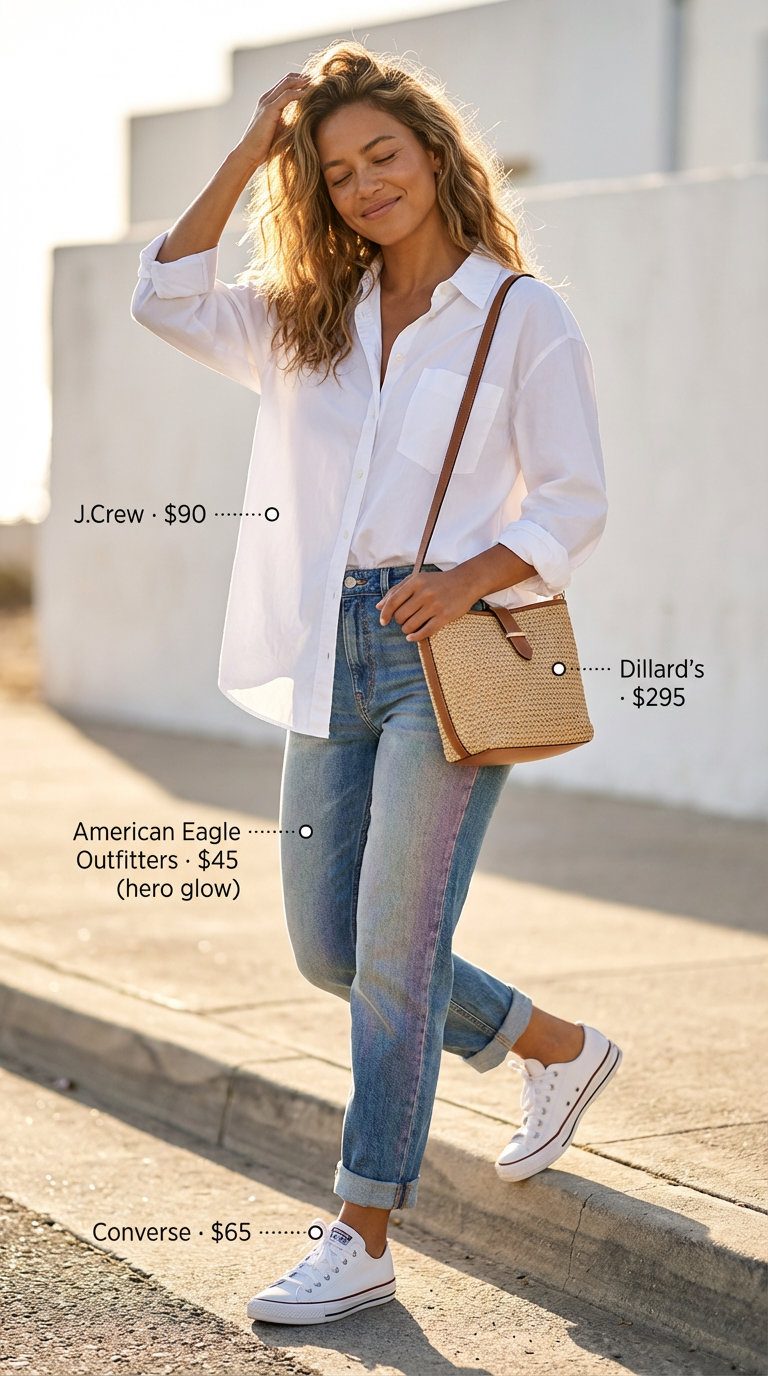Coastal Chill Summer Jeans & Sneakers Outfit 2026 Relaxed coastal summer jeans and sneakers outfit for women 2026 with light wash straight-leg jeans, an oversized white button-down, classic white leather sneakers, and a woven straw bag for a clean, effortless vibe.