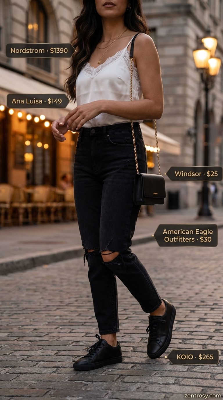 Date Night Summer Jeans & Sneakers Outfit 2026 Chic date night summer jeans and sneakers outfit for women 2026 featuring black distressed jeans, a white lace camisole, black leather sneakers, and gold layered necklaces for an edgy, romantic look.