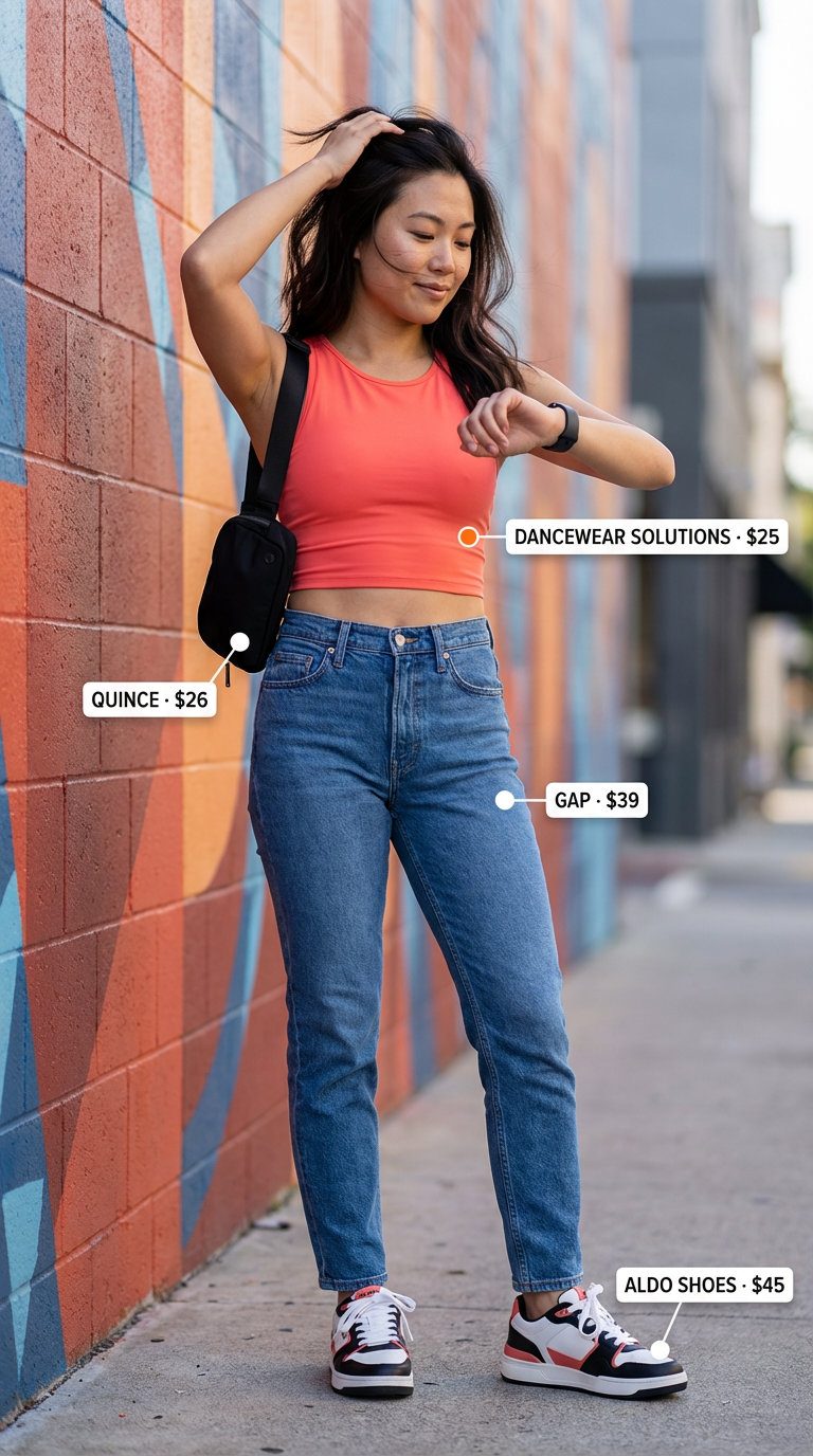 Sporty Chic Summer Jeans & Sneakers Outfit 2026 Energetic sporty chic summer jeans and sneakers outfit for women 2026, featuring medium wash slim-fit jeans, a coral athletic crop top, chunky white and black sneakers, and a black belt bag for an active day out.
