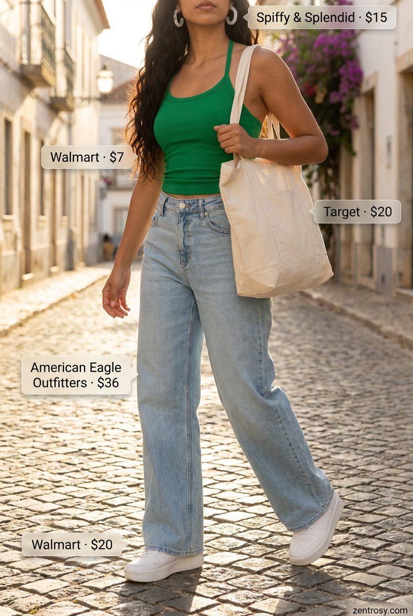 Vacation Vibes Summer Jeans & Sneakers Look 2026 Vibrant vacation summer jeans and sneakers outfit for women 2026 with light wash baggy jeans, an emerald green halter top, white platform sneakers, a white canvas tote, and chunky white hoop earrings for a relaxed, adventurous style.