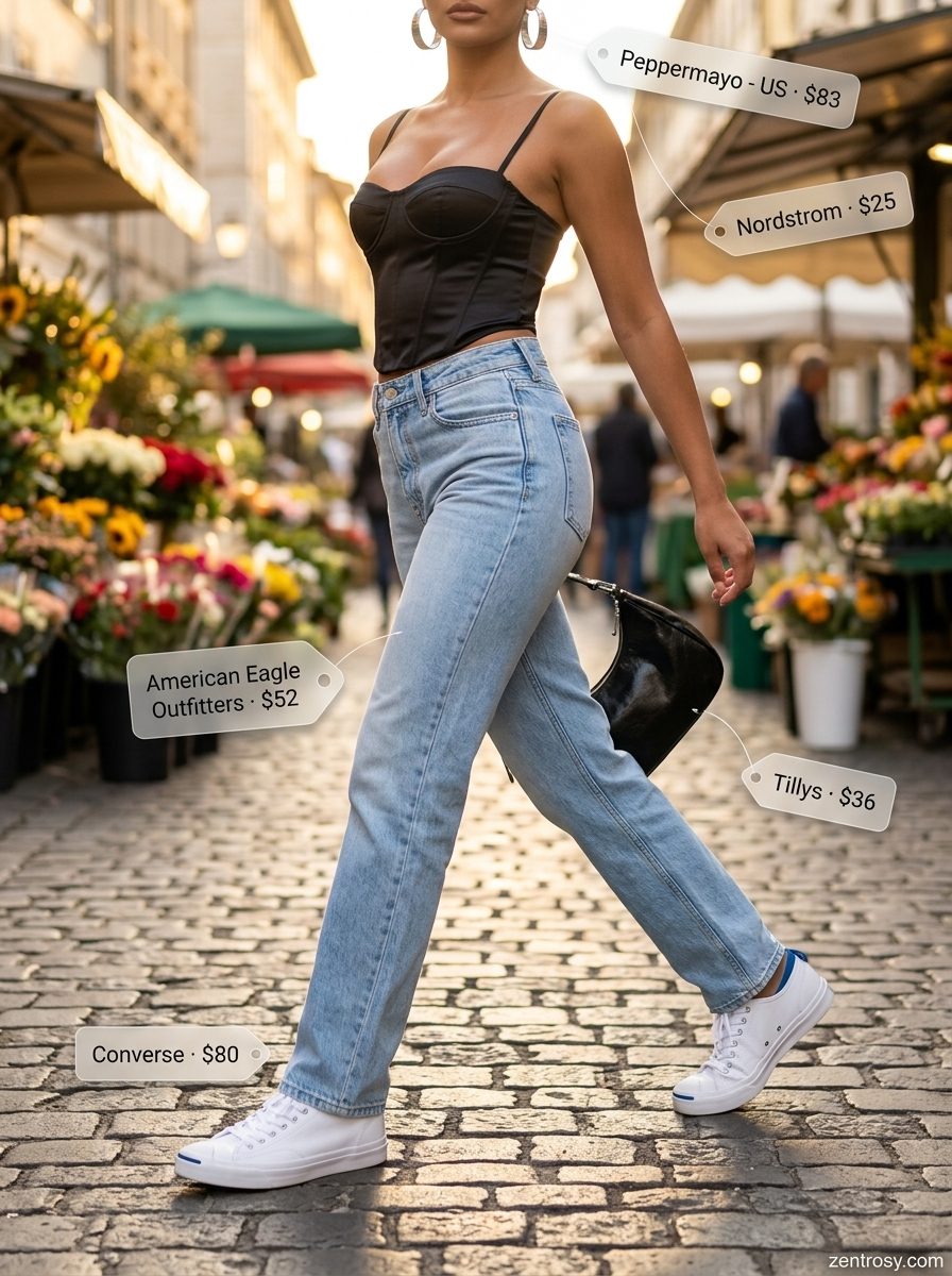 Retro Summer Jeans and Sneakers Outfits 2026 Denim jeans, black corset top, and white sneakers for retro casual outfits 2026.