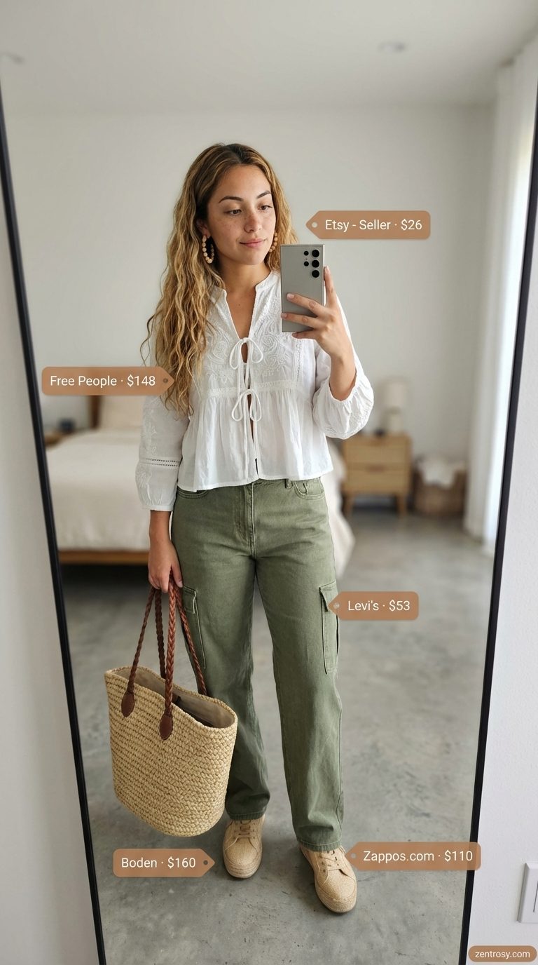 Boho Beach Day: Summer Jeans & Sneakers Outfit 2026 Relaxed bohemian summer jeans and sneakers outfit for women 2026 with olive green cargo jeans, a white peasant blouse, and espadrille platform sneakers, perfect for a beach day.