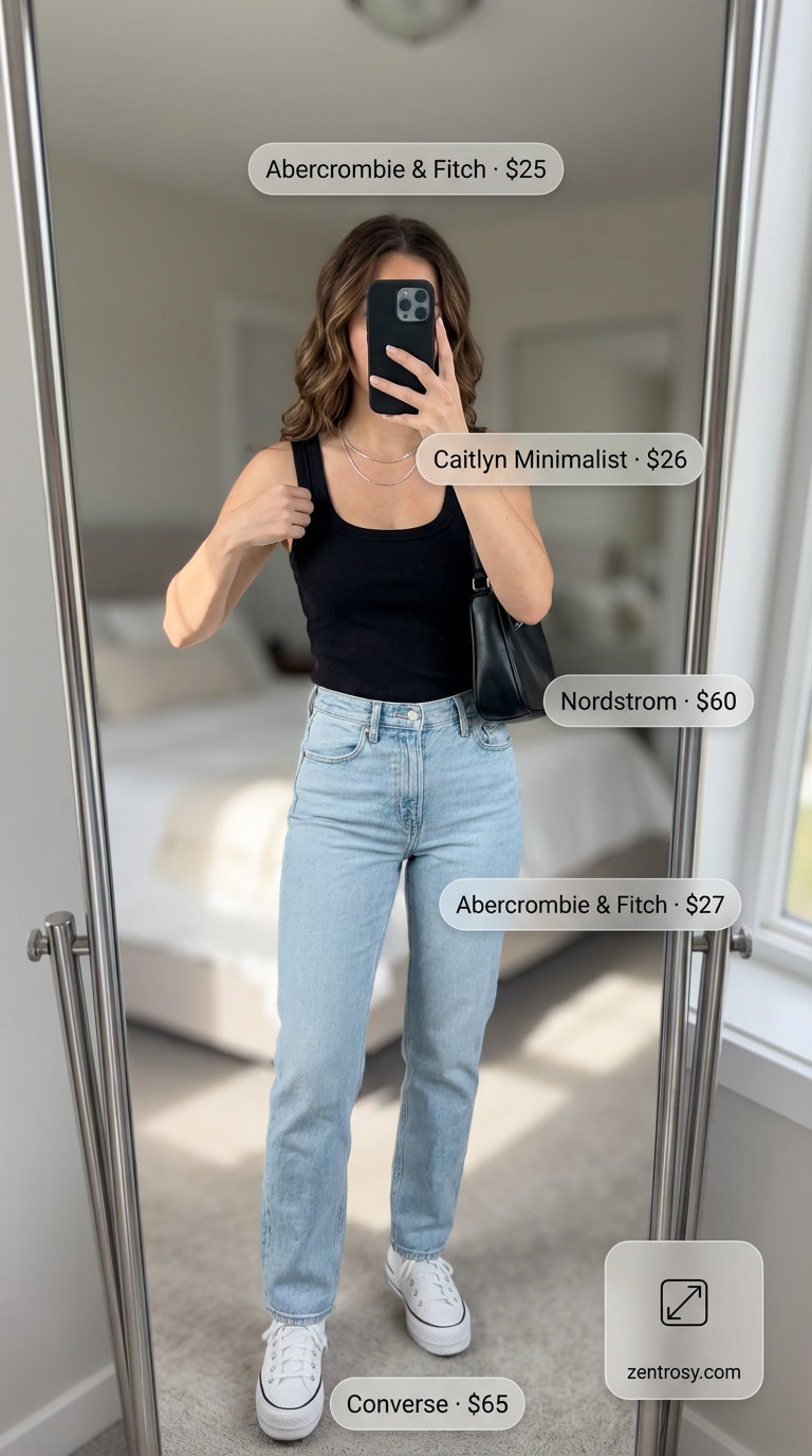 Casual Chic Summer Jeans & Sneakers 2026 Casual chic city stroll summer jeans and sneakers outfit for women 2026 with light wash straight-leg jeans, a black ribbed tank top, classic white leather low-top sneakers, and a delicate silver necklace.
