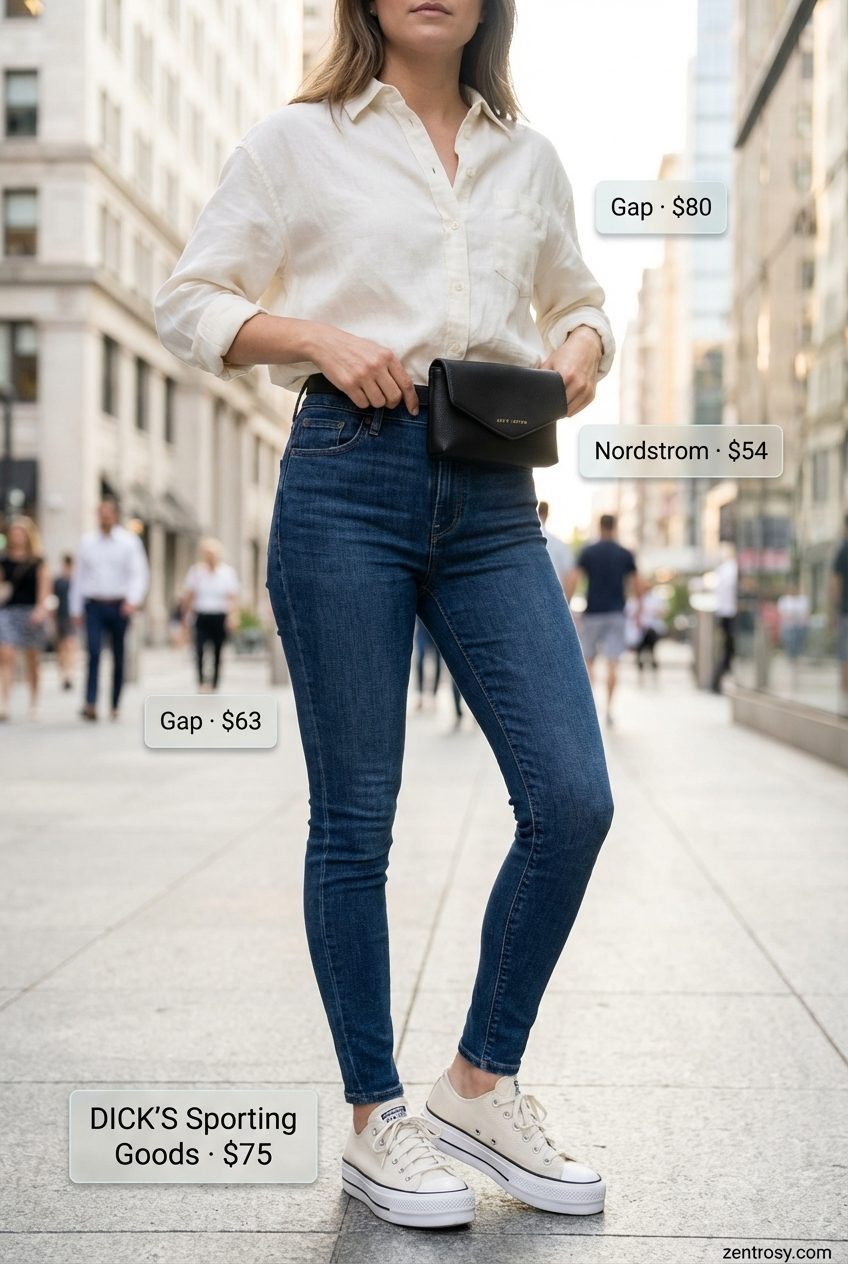 City Explorations: Summer Jeans & Sneakers Style 2026 Urban 'City Explorations' summer jeans and sneakers outfit for women 2026 with dark wash skinny jeans, an ivory oversized linen shirt, and black canvas platform sneakers.