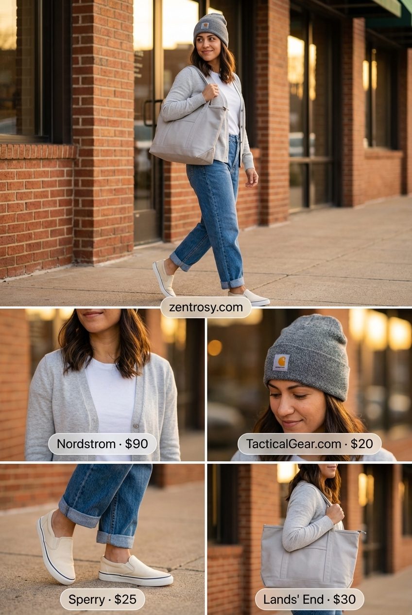 Comfy Travel Summer Jeans & Sneakers Outfit 2026 Comfy travel day summer jeans and sneakers outfit for women 2026 featuring light grey relaxed-fit jeans, a cream lightweight knit cardigan, white slip-on sneakers, and a canvas tote, ideal for a road trip.