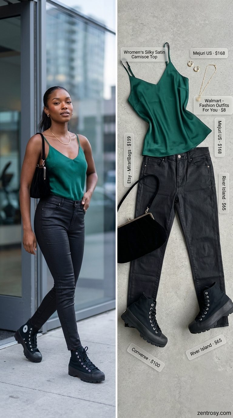 Edgy Evening Summer Jeans & Sneakers 2026 Edgy evening summer jeans and sneakers outfit for women 2026 featuring black coated skinny jeans, an emerald green satin camisole, black platform high-top sneakers, and chunky gold hoops, ideal for a date night.