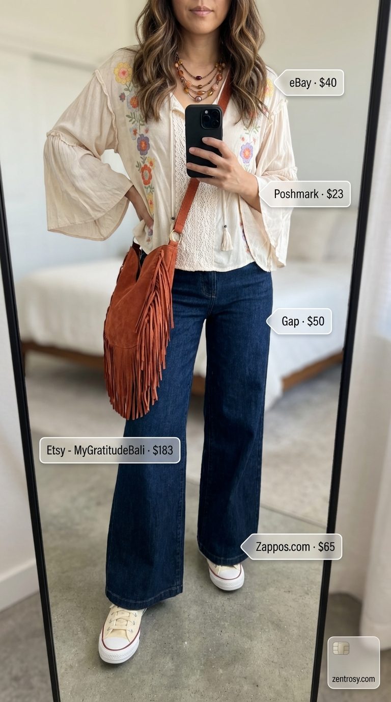 Summer Festival Vibes: Jeans & Sneakers Outfit 2026 Bohemian summer jeans and sneakers outfit for women 2026 with dark wash wide-leg flare jeans, a cream embroidered peasant top, and classic canvas high-top sneakers, perfect for festivals.
