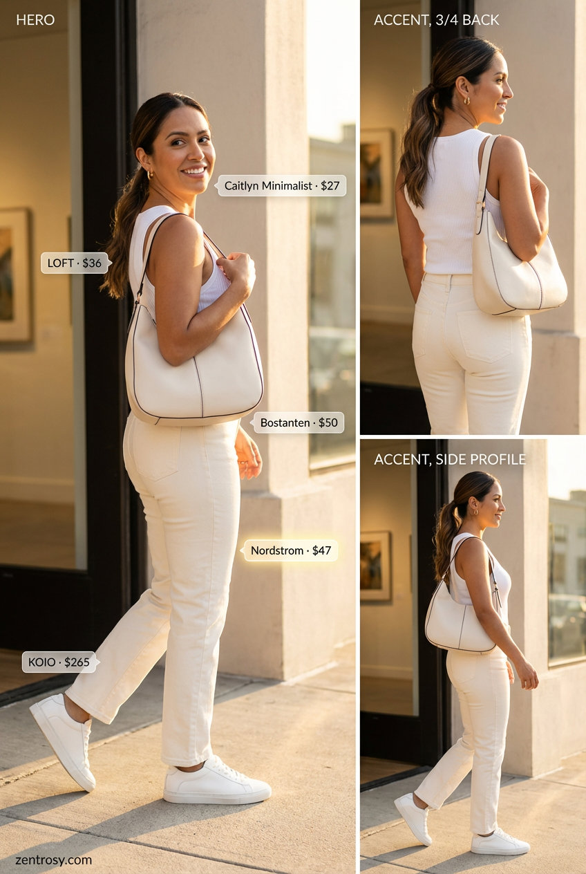 Monochrome Cool Summer Jeans & Sneakers 2026 Monochrome cool summer jeans and sneakers outfit for women 2026 featuring white high-waisted straight-leg jeans, a creamy white ribbed tank top, white leather minimalist sneakers, and delicate gold hoop earrings, perfect for an outdoor lunch.