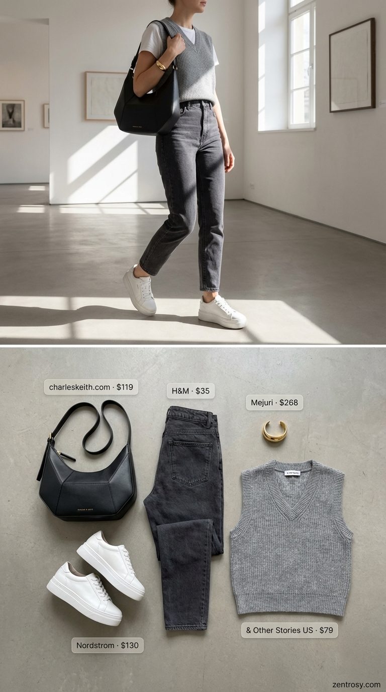 Minimalist Summer Jeans & Sneakers Outfit 2026 Monochrome minimalist summer jeans and sneakers outfit for women 2026 featuring dark grey slim-fit jeans, a charcoal sweater vest, and white platform sneakers, perfect for a casual work day.