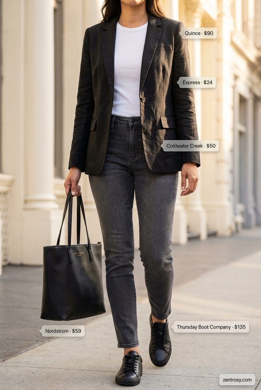 Summer Office Casual: Jeans & Sneakers Look 2026 Smart casual summer jeans and sneakers outfit for women 2026, featuring dark grey slim-fit jeans, a white t-shirt, black leather sneakers, and a white tailored blazer, suitable for the office.