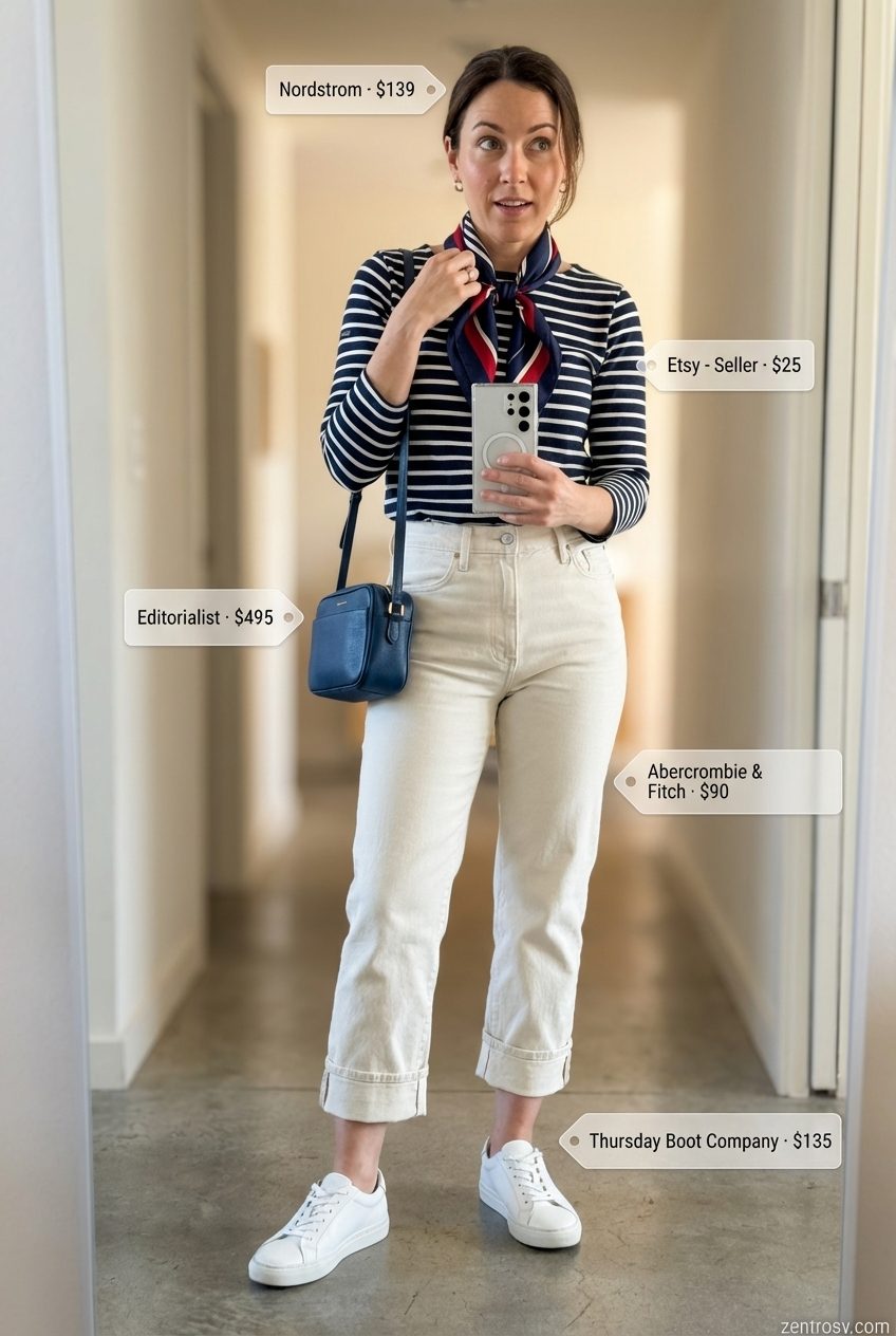 Effortless Parisian Chic: Summer Jeans & Sneakers 2026 Chic summer jeans and sneakers outfit for women 2026 with ecru straight-leg jeans, a classic Breton stripe tee, white minimalist sneakers, and a silk neck scarf for a Parisian touch.