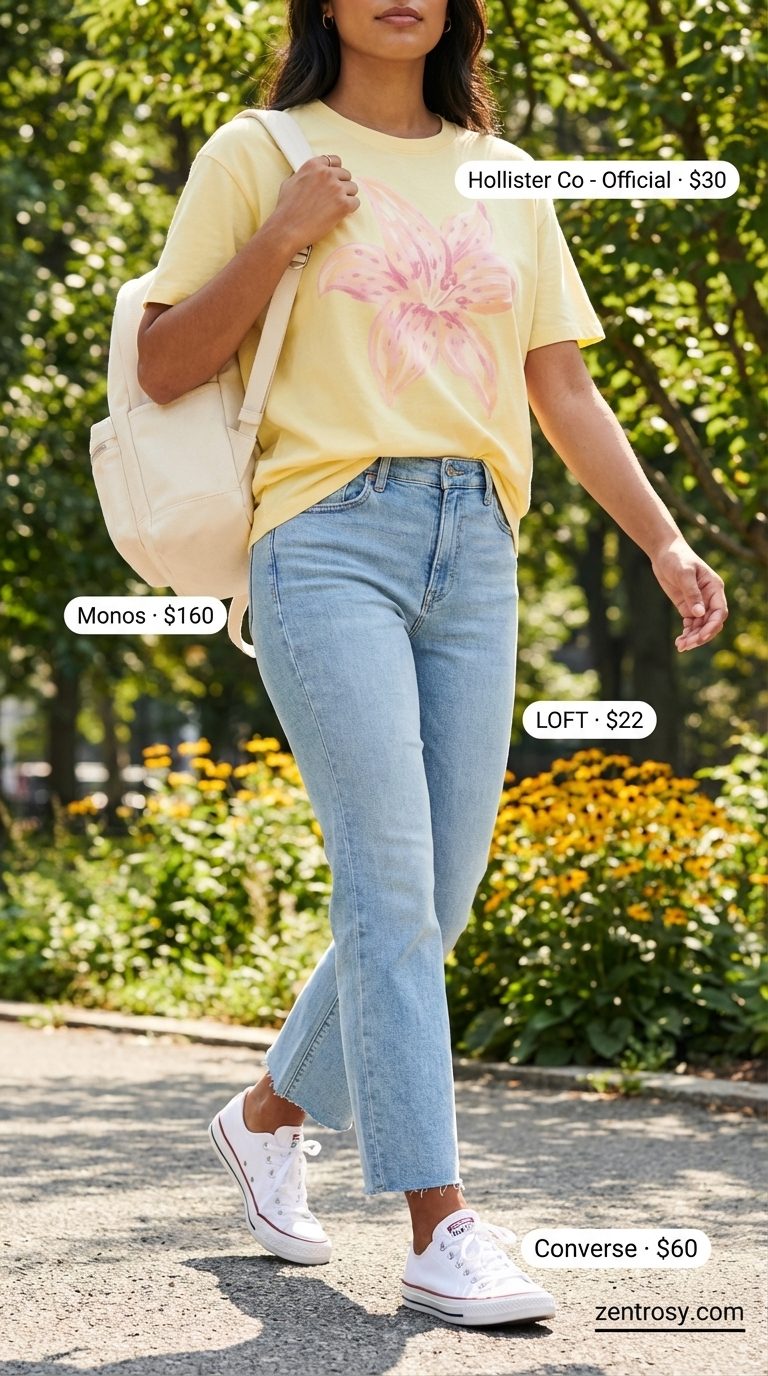 Playful Park Day: Summer Jeans & Sneakers Outfit 2026 Playful light blue kick-flare jeans and white low-top sneakers outfit for women 2026, paired with a yellow graphic t-shirt and mini canvas backpack, perfect for a park day.