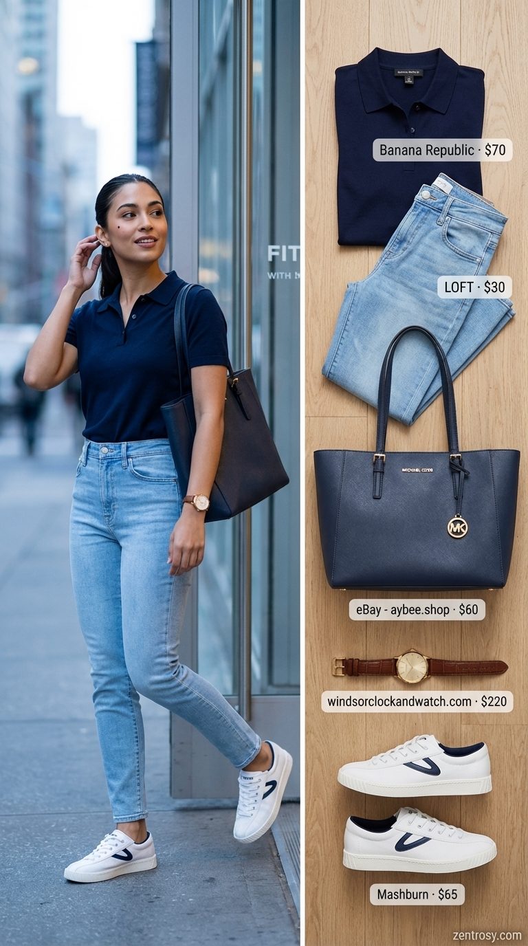 Preppy Summer Day: Jeans & Sneakers Look 2026 Polished preppy summer jeans and sneakers outfit for women 2026, featuring white slim-fit jeans, a navy polo shirt, and white canvas sneakers with navy trim, ideal for a day event.