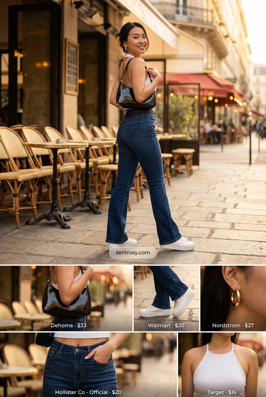 Retro Glam Night: Summer Jeans & Sneakers 2026 Glamorous retro summer jeans and sneakers outfit for women 2026 featuring dark wash flare jeans, a cherry red halter top, and white platform sneakers, ideal for a night out.