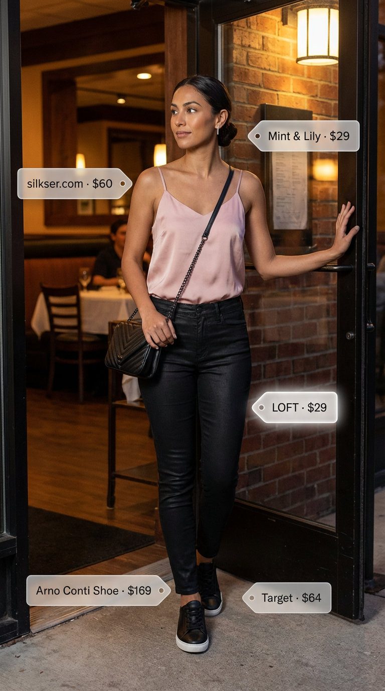 Sophisticated Summer Jeans & Sneakers 2026 Sophisticated summer evening jeans and sneakers outfit for women 2026 with black coated skinny jeans, a blush pink silk camisole, sleek black leather low-top sneakers, and a quilted crossbody bag, ideal for a casual dinner date.
